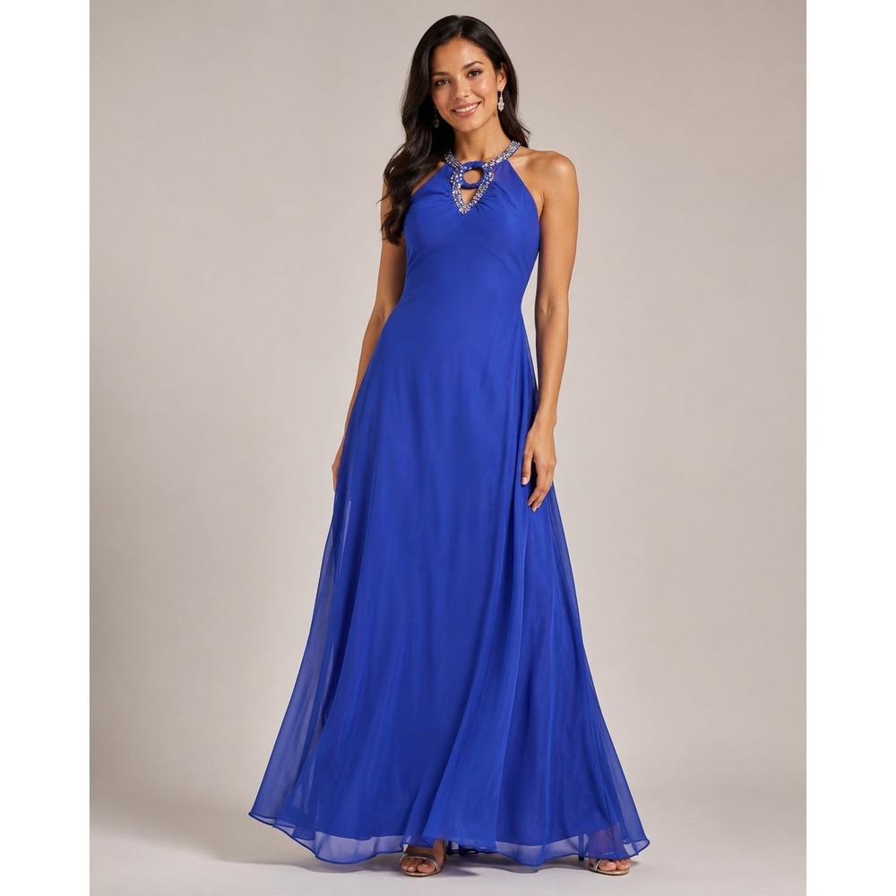 Hailey Logan Adrianna Papell Royal Blue Sequin Halter Formal Dress Gown 13/14